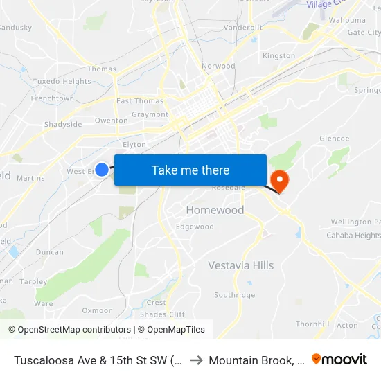 Tuscaloosa Ave & 15th St SW (Ob) to Mountain Brook, AL map