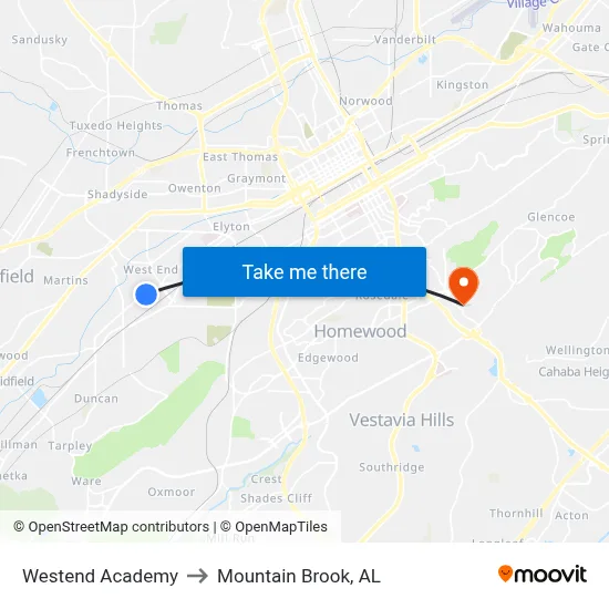 Westend Academy to Mountain Brook, AL map