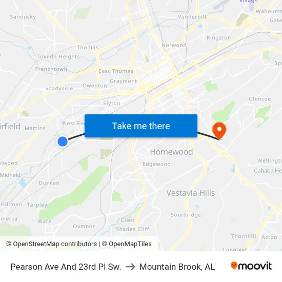 Pearson Ave And 23rd Pl Sw. to Mountain Brook, AL map