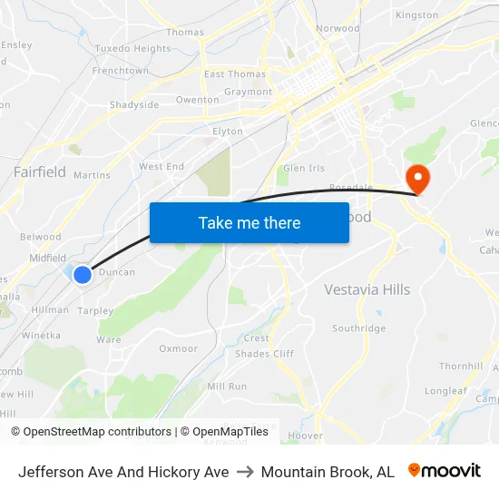 Jefferson Ave And Hickory Ave to Mountain Brook, AL map