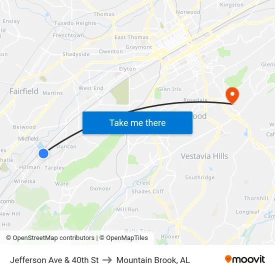 Jefferson Ave & 40th St to Mountain Brook, AL map