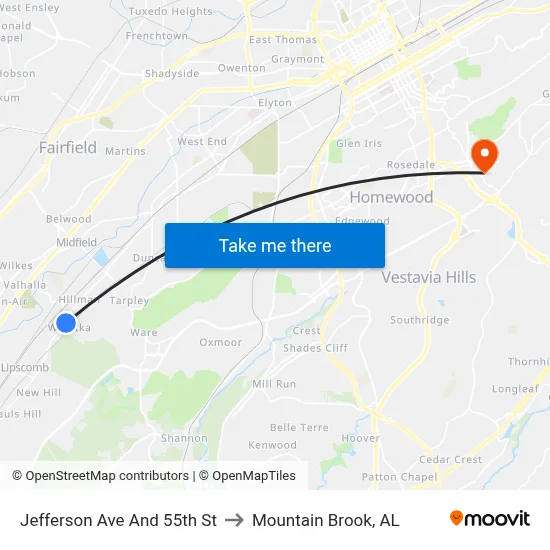 Jefferson Ave And 55th St to Mountain Brook, AL map