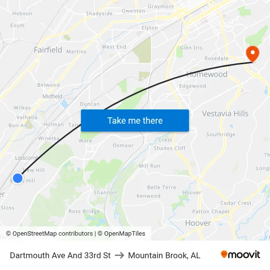 Dartmouth Ave And 33rd St to Mountain Brook, AL map