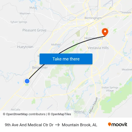 9th Ave And Medical Ctr Dr to Mountain Brook, AL map