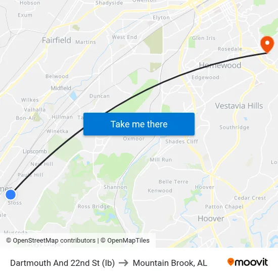 Dartmouth And 22nd St (Ib) to Mountain Brook, AL map