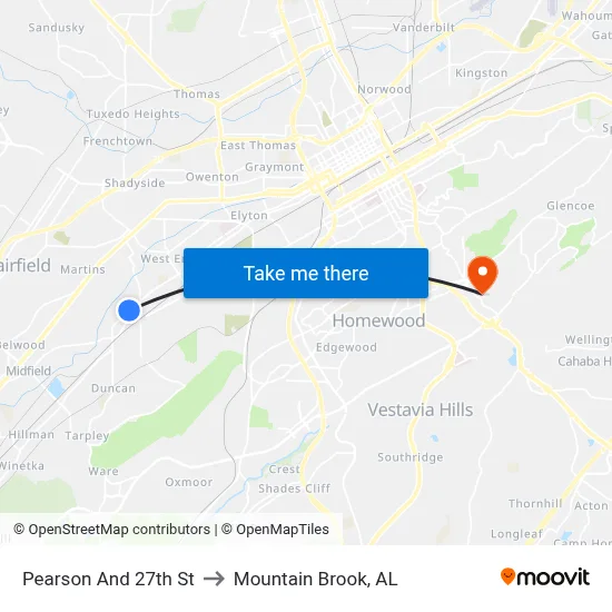 Pearson And 27th St to Mountain Brook, AL map