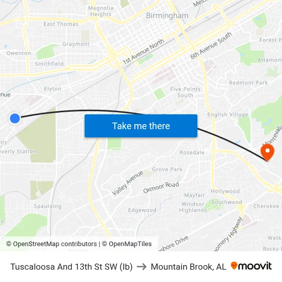 Tuscaloosa And 13th St SW (Ib) to Mountain Brook, AL map