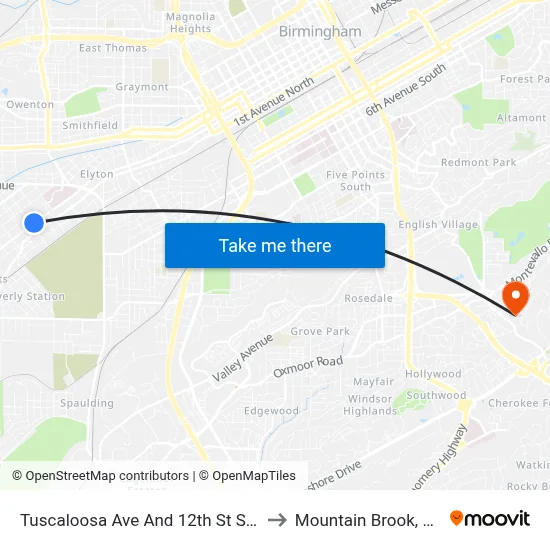 Tuscaloosa Ave And 12th St SW to Mountain Brook, AL map