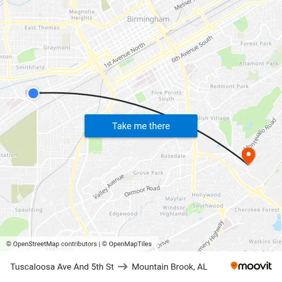 Tuscaloosa Ave And 5th St to Mountain Brook, AL map