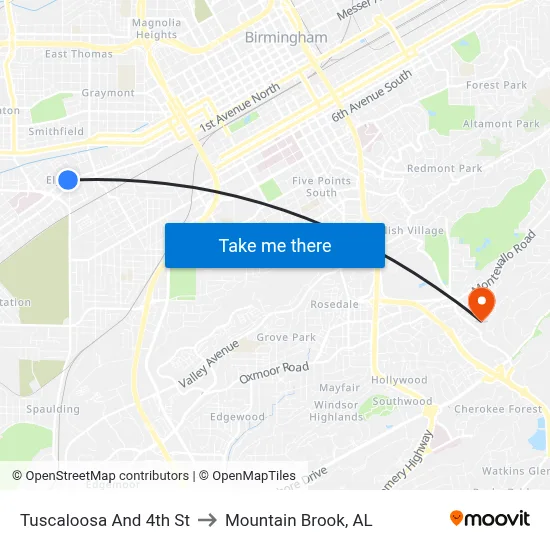 Tuscaloosa And 4th St to Mountain Brook, AL map