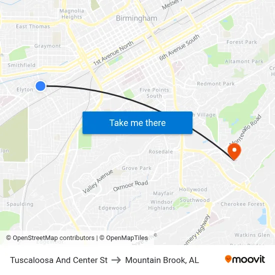 Tuscaloosa And Center St to Mountain Brook, AL map