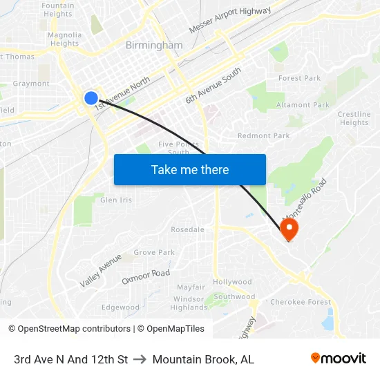 3rd Ave N And 12th St to Mountain Brook, AL map
