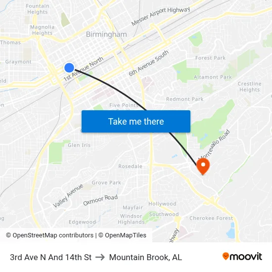 3rd Ave N And 14th St to Mountain Brook, AL map