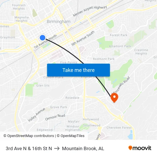 3rd Ave N & 16th St N to Mountain Brook, AL map