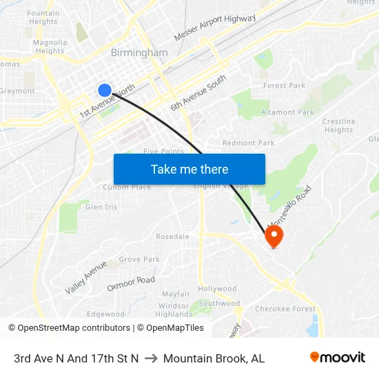 3rd Ave N And 17th St N to Mountain Brook, AL map