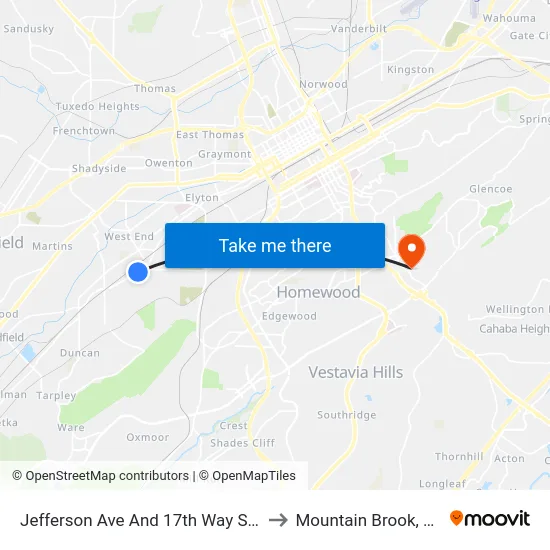 Jefferson Ave And 17th Way SW to Mountain Brook, AL map
