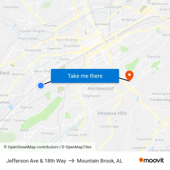 Jefferson Ave & 18th Way to Mountain Brook, AL map