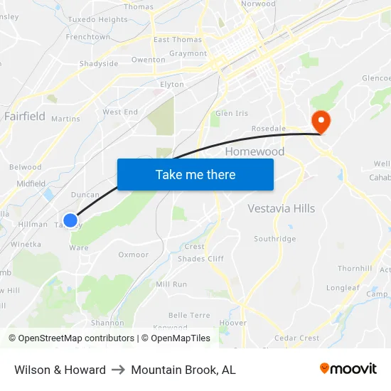 Wilson & Howard to Mountain Brook, AL map