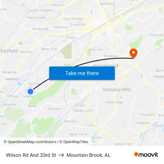 Wilson Rd And 33rd St to Mountain Brook, AL map