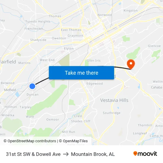 31st St SW & Dowell Ave to Mountain Brook, AL map