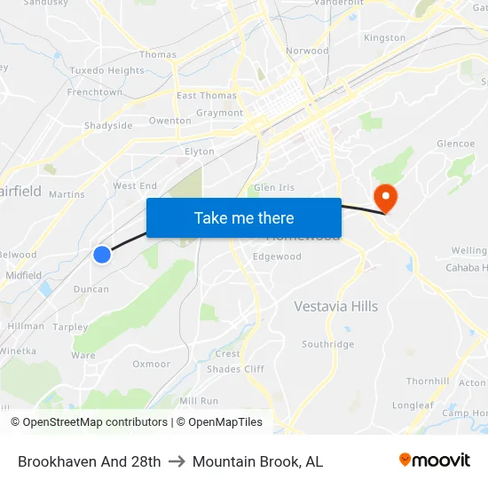 Brookhaven And 28th to Mountain Brook, AL map