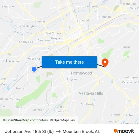 Jefferson Ave 18th St (Ib) to Mountain Brook, AL map