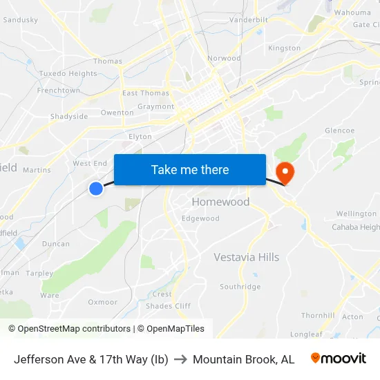Jefferson Ave & 17th Way (Ib) to Mountain Brook, AL map