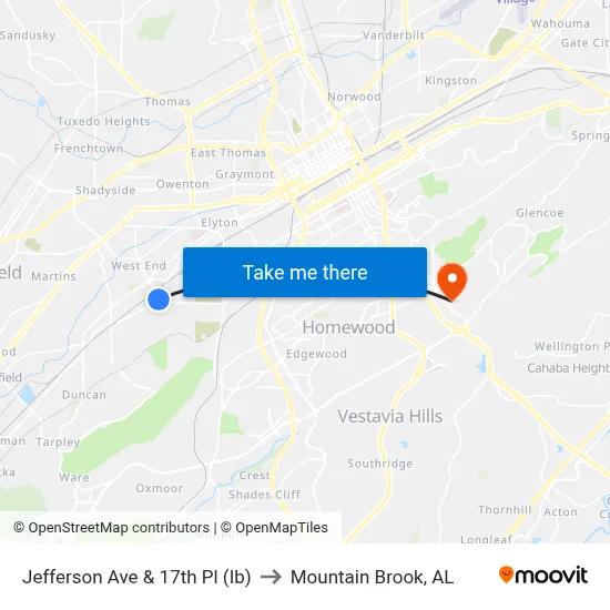 Jefferson Ave & 17th Pl (Ib) to Mountain Brook, AL map