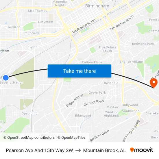 Pearson Ave And 15th Way SW to Mountain Brook, AL map