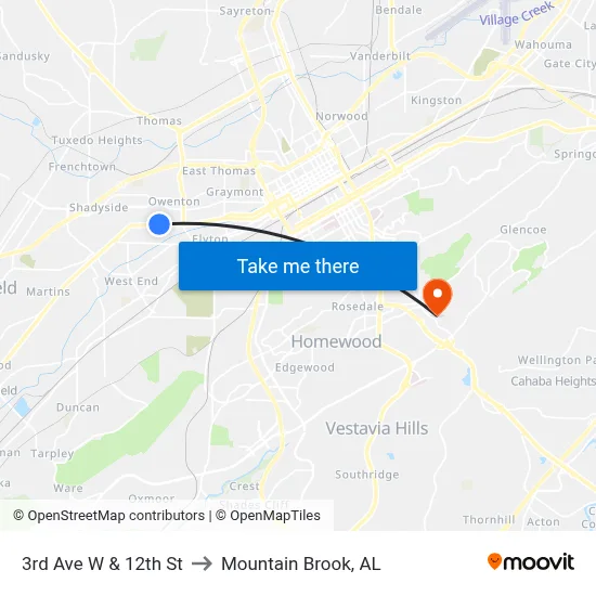 3rd Ave W & 12th St to Mountain Brook, AL map