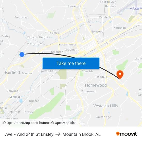 Ave F And 24th St Ensley to Mountain Brook, AL map