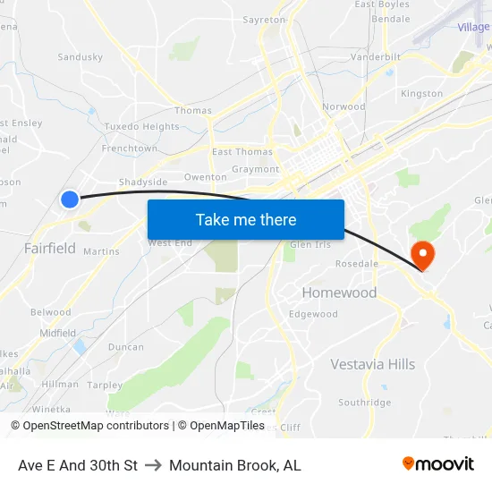 Ave E And 30th St to Mountain Brook, AL map