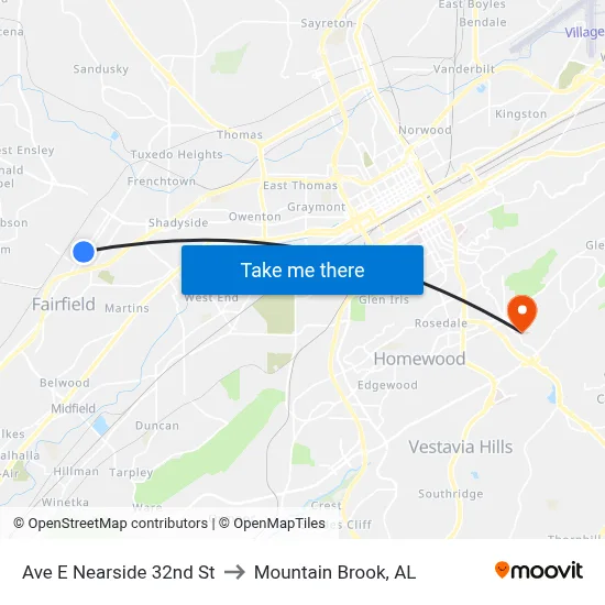 Ave E Nearside 32nd St to Mountain Brook, AL map