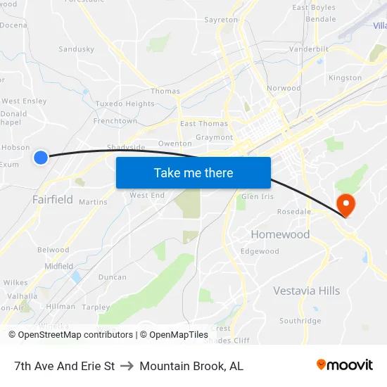 7th Ave And Erie St to Mountain Brook, AL map