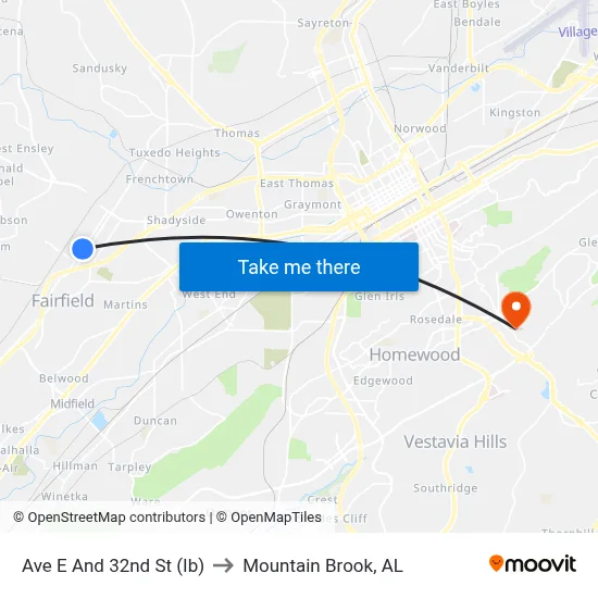 Ave E And 32nd St (Ib) to Mountain Brook, AL map