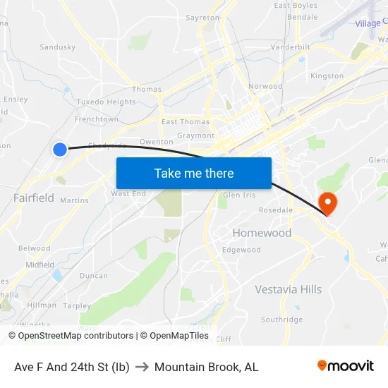 Ave F And 24th St (Ib) to Mountain Brook, AL map