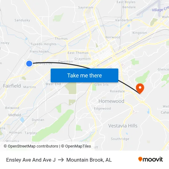 Ensley Ave And Ave J to Mountain Brook, AL map