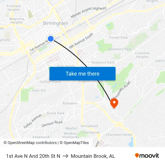1st Ave N And 20th St N to Mountain Brook, AL map