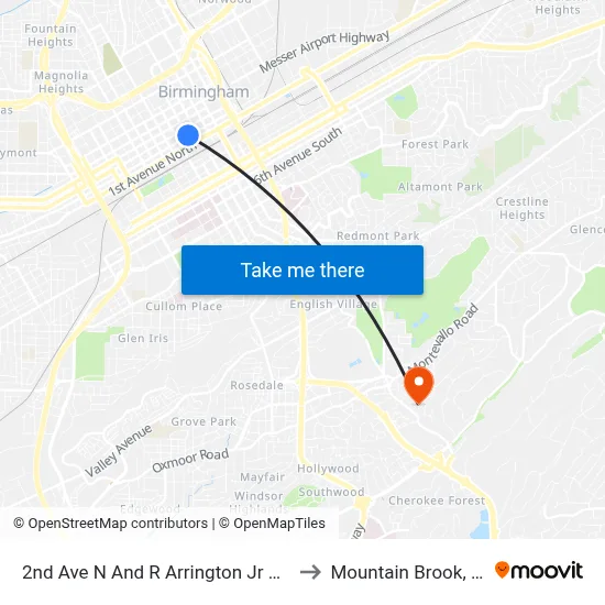 2nd Ave N And R Arrington Jr Blvd to Mountain Brook, AL map
