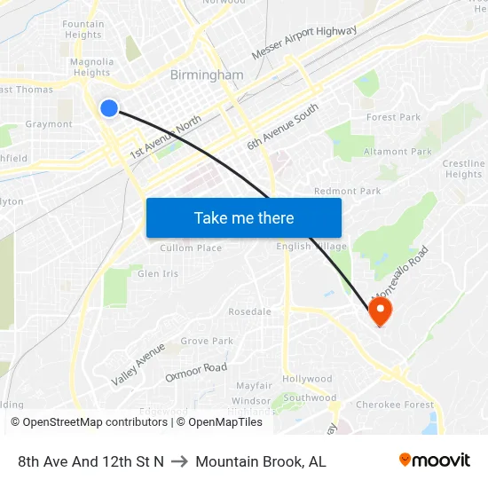 8th Ave And 12th St N to Mountain Brook, AL map