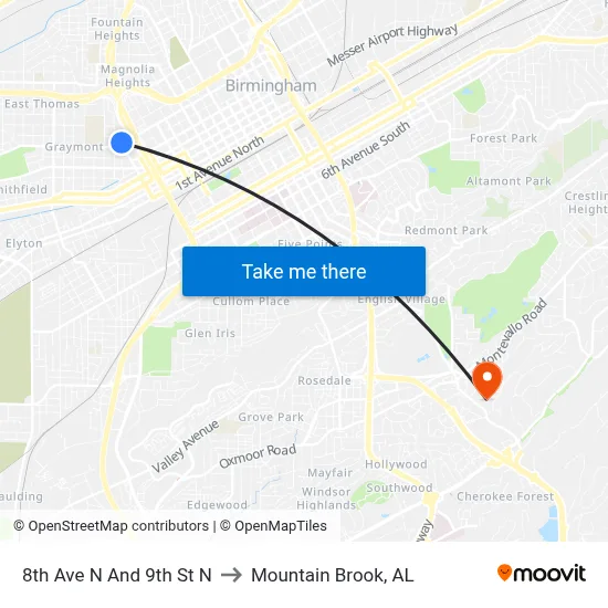 8th Ave N And 9th St N to Mountain Brook, AL map