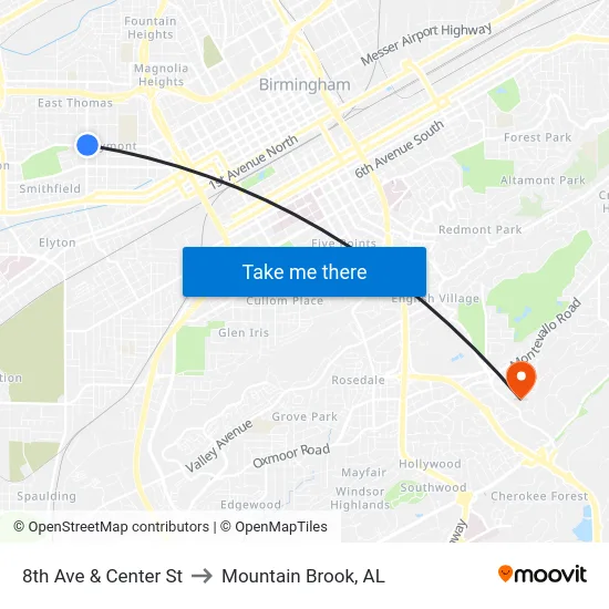 8th Ave & Center St to Mountain Brook, AL map