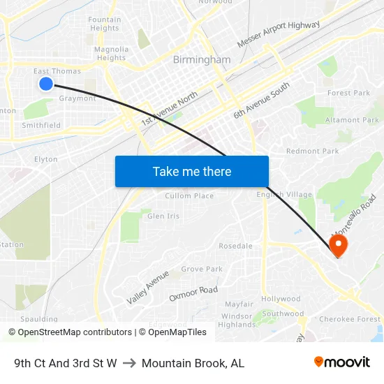 9th Ct And 3rd St W to Mountain Brook, AL map