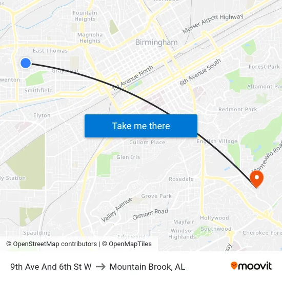 9th Ave And 6th St W to Mountain Brook, AL map