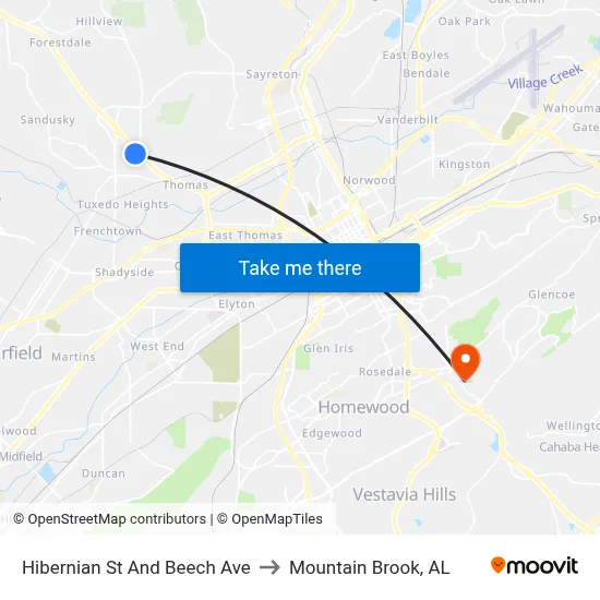 Hibernian St And Beech Ave to Mountain Brook, AL map