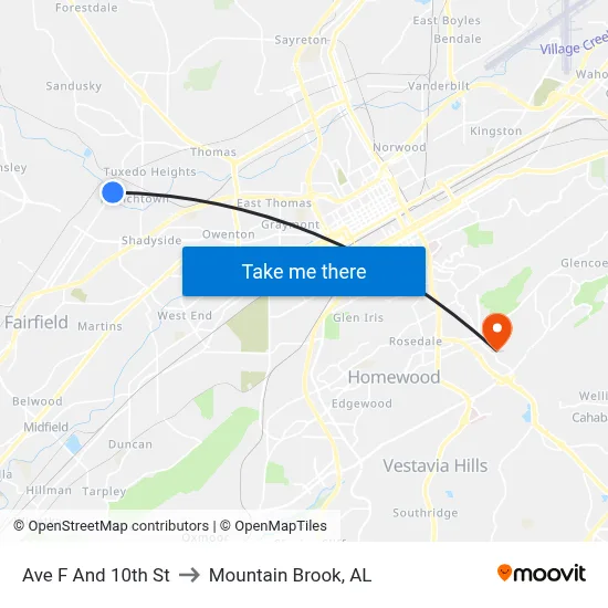 Ave F And 10th St to Mountain Brook, AL map