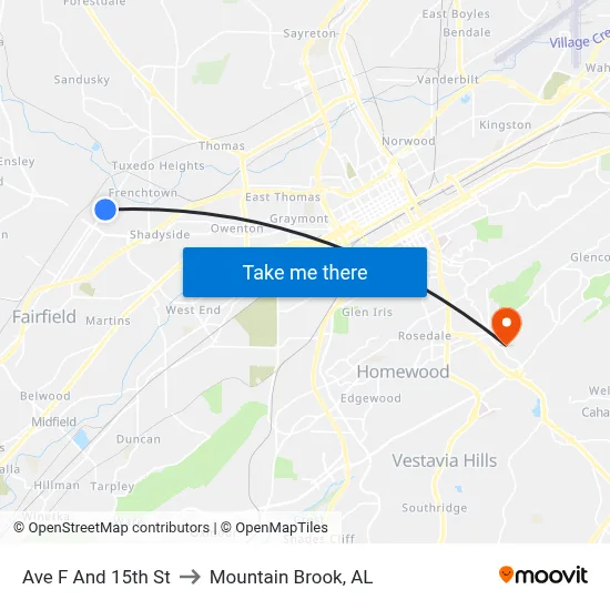 Ave F And 15th St to Mountain Brook, AL map