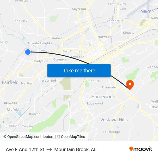 Ave F And 12th St to Mountain Brook, AL map