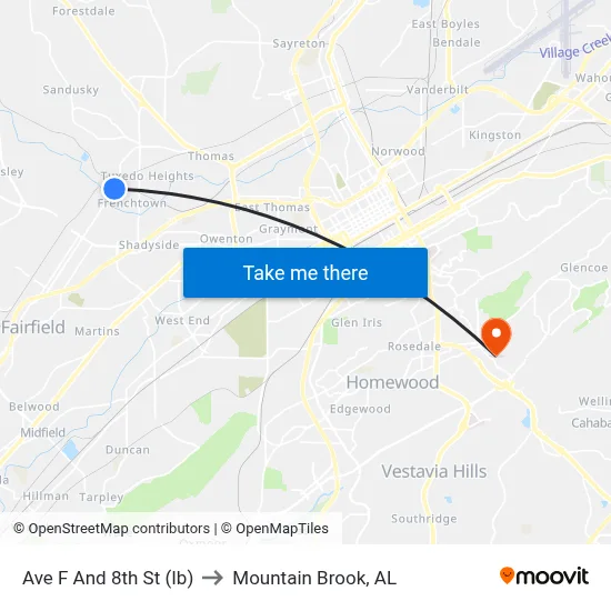 Ave F And 8th St (Ib) to Mountain Brook, AL map