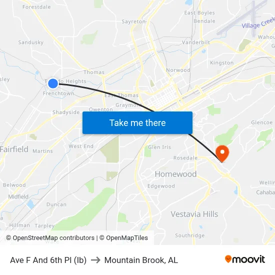 Ave F And 6th Pl (Ib) to Mountain Brook, AL map